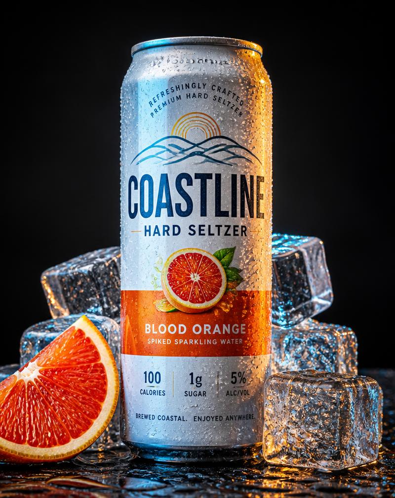 Hard seltzer blikje met ijsblokjes en bloedsinaasappel